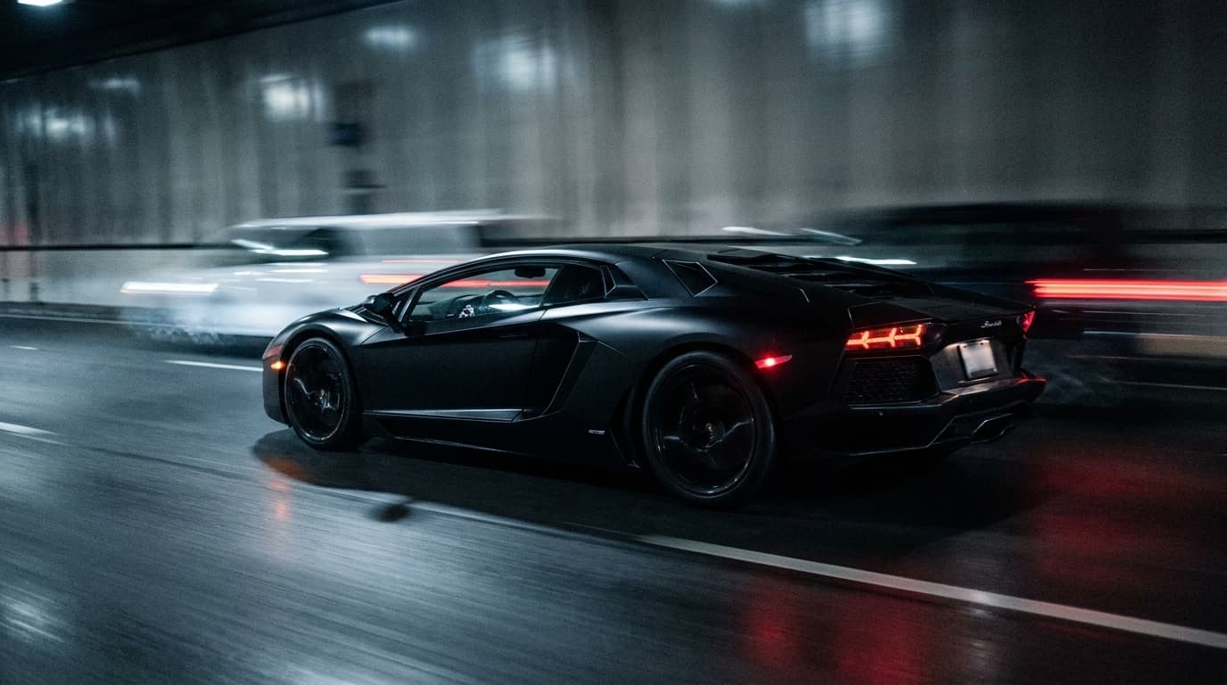 Supercar speeding through a night tunnel with red and white light trails