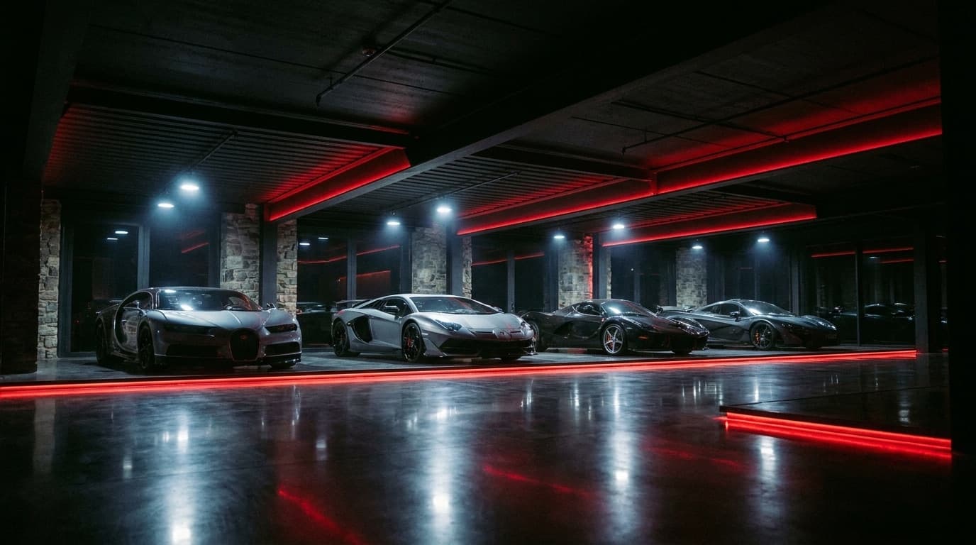 Row of supercars in a dark private garage under spot lighting