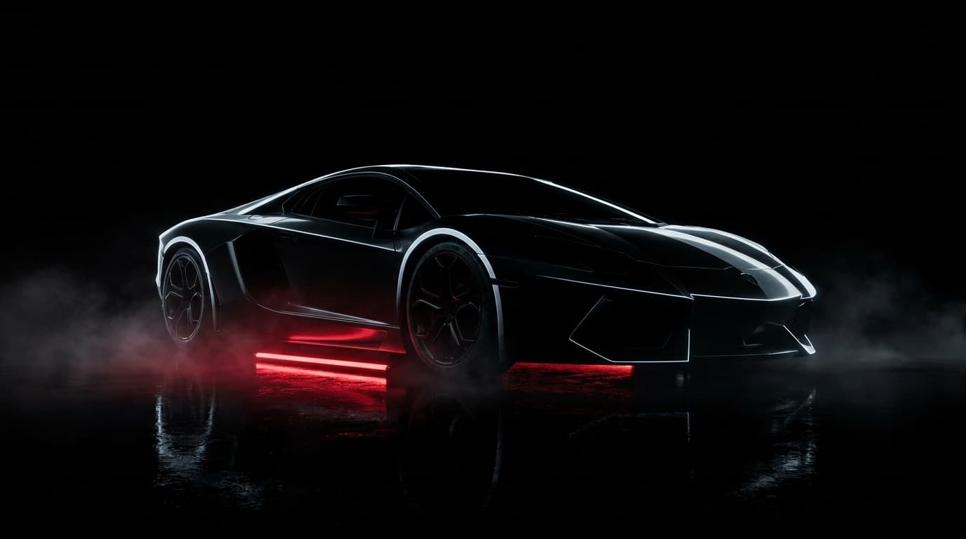 Hypercar silhouette in a dark studio, traced by cool white rim light with a red glow on the floor